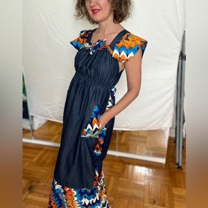 Vintage homemade 60s/70s denim maxi dress detailed floral ruffled fabric sz sm